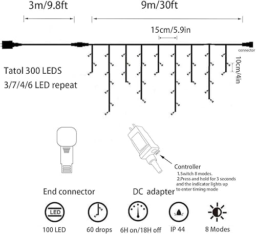 Miniatura 2 de YASENN Tira de luces de 300 luces LED estilo carámbano de 29.5 pies, actualizables conectables, 8 modos de iluminación con temporizador, luces de