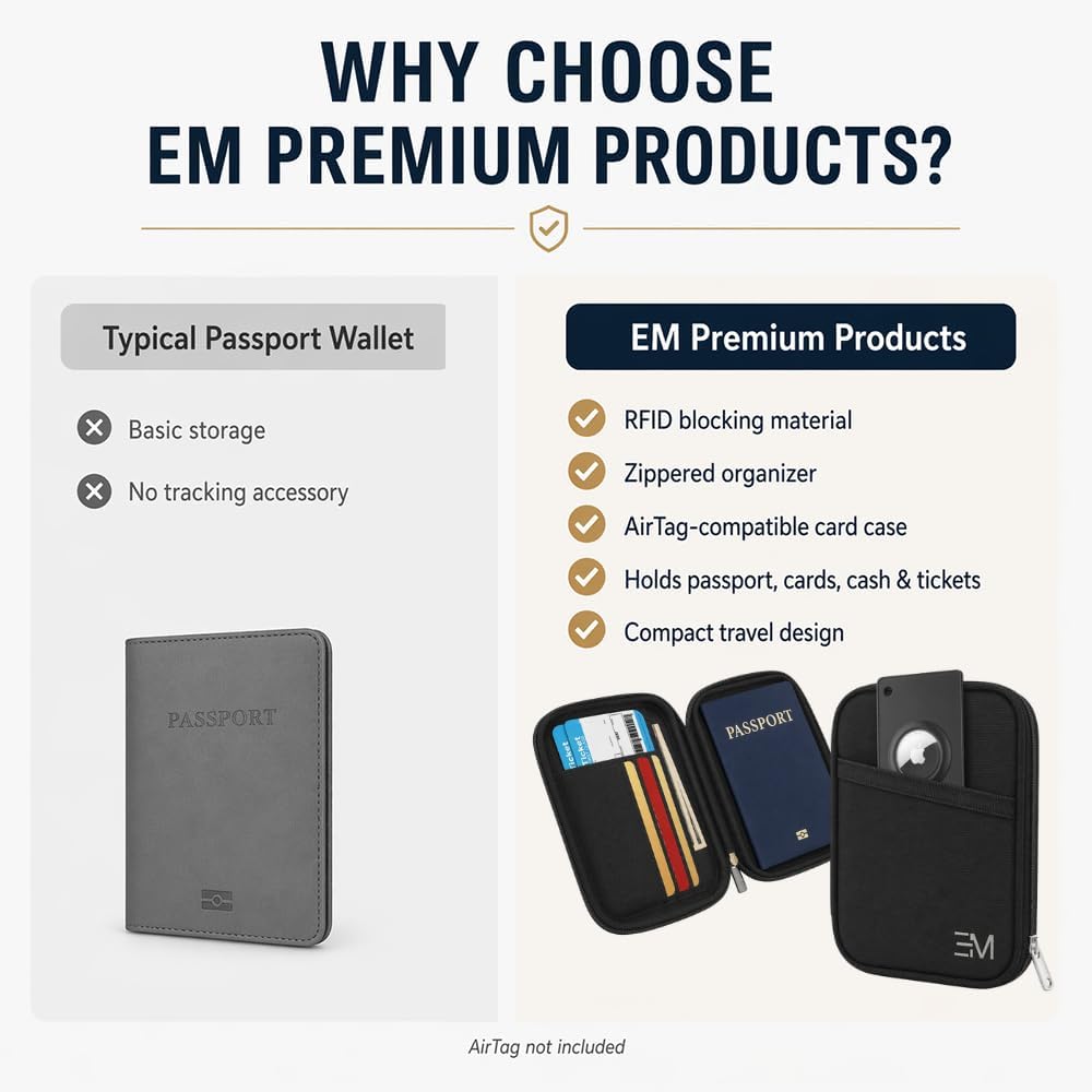 EM RFID Passport Holder with Zipper, Travel Wallet, AirTag Card Case, Black | Ideal for 1 passport, cards, cash, ID and boarding pass. Measures 4.7 L x 0.8 D x 6.1 H in with discreet AirTag card pocket