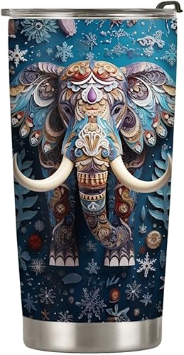 Miniatura 10 de ORCAE Vaso de elefante navideño de 20 onzas, diseño de copos de nieve, flores, elefante, colorido vaso de elefante floral, taza de viaje aislada con