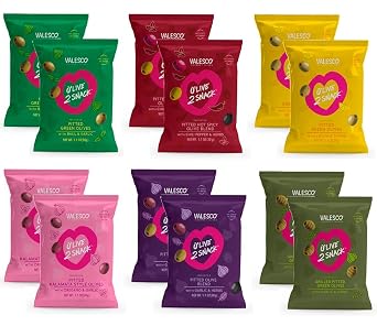 Valesco, OLive 2 Snack Pitted Olives Variety Pack, 6 Flavors, 1 oz 12 Pouches