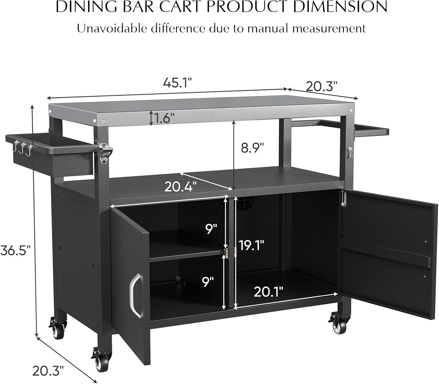 Belord Outdoor Grill Table with Storage Cabinet, Outdoor Grill Cart with Wheels, Movable BBQ Cart Prep Station Kitchen with Stainless Steel Top and Removable Side Basket for Poolside Backyard Black