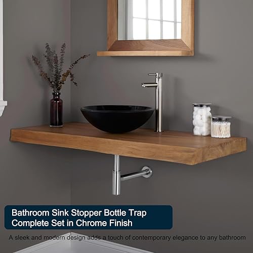 Miniatura 2 de ROVATE Juego completo de tapón para lavabo de baño, trampa en forma de P, desagüe cromado desplegable con trampa P redonda ajustable de 1-14