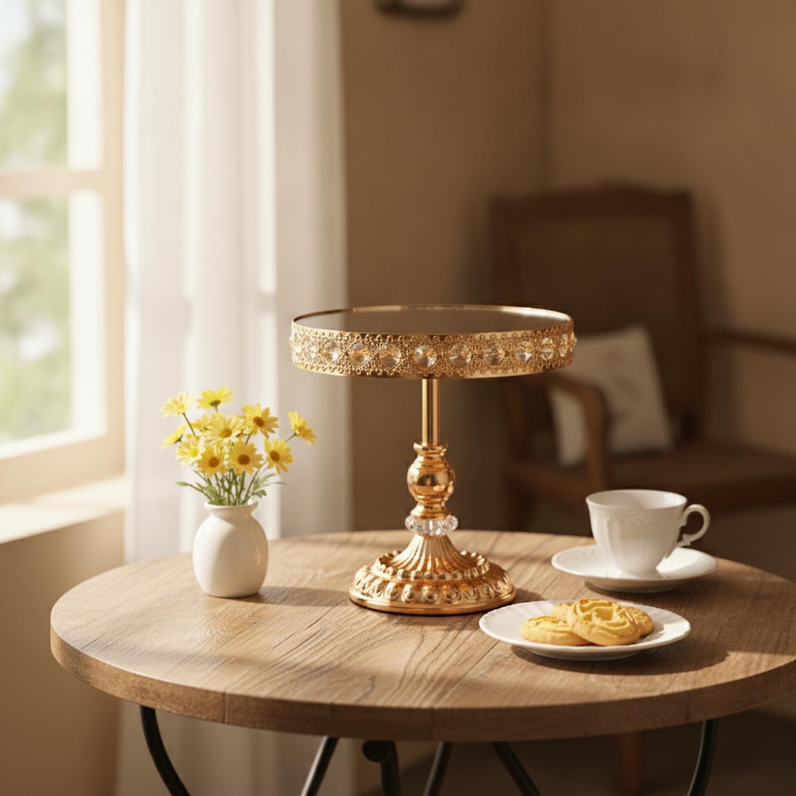 Spiegelnder Kuchenständer Tortenständer Dessertständer Kuchenplatte mit Erhöhter Basis Und Spiegeloberfläche Glitzernder Kristalloptik aus Eisen Und , Gold , Groß