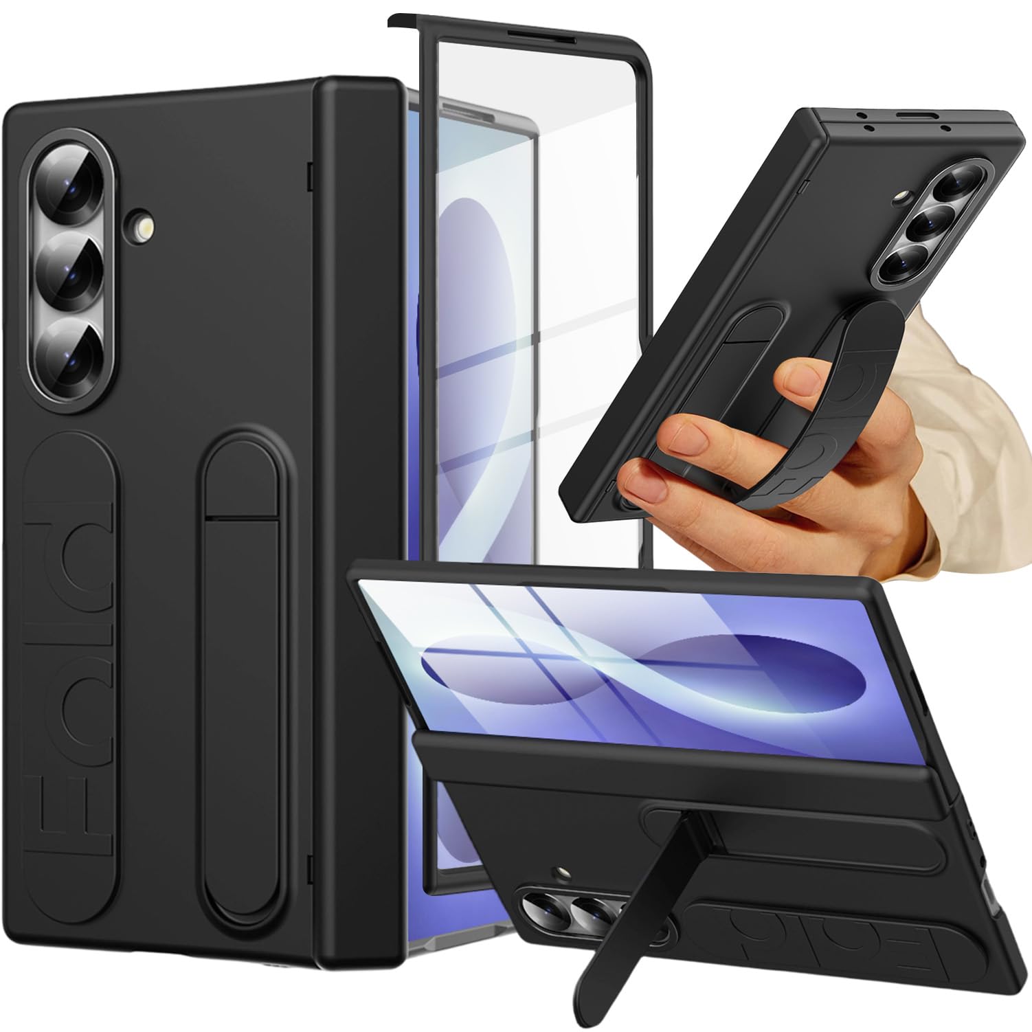 NINKI適応Galaxy Z Fold8 ultra ケース [ | ] ハンドバンド フィルム一体型 PC製 ストラップ 画面保護 耐衝撃 キックスタンド付き ケーブル充電対応 サムスン ギャラクシー フォールド8 ウルトラ スマホ ケース (ブラック)