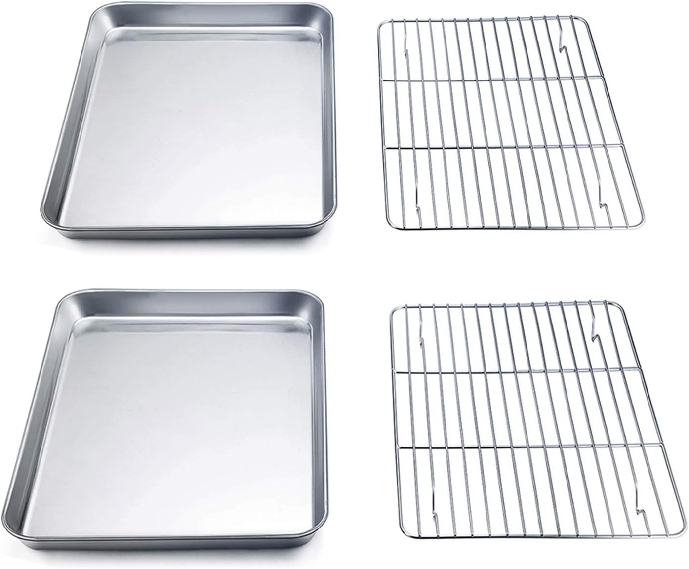 9'' x 7'' x 1'' Toaster Oven Pan with Rack Set of 4, Stainless Steel Compact Toaster Ovenware Pan with Cooling Rack, Healthy & Heavy Duty, Easy Clean & Dishwasher Safe, (2 Pans + 2 Racks)