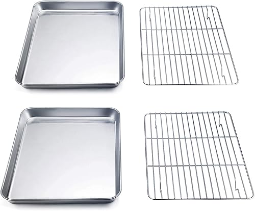 TeamFar Sartén para horno tostador con estante (2 sartenes + 2 estanterías), sartén compacta de acero inoxidable de 9 x 7 x 1 pulgadas con estante