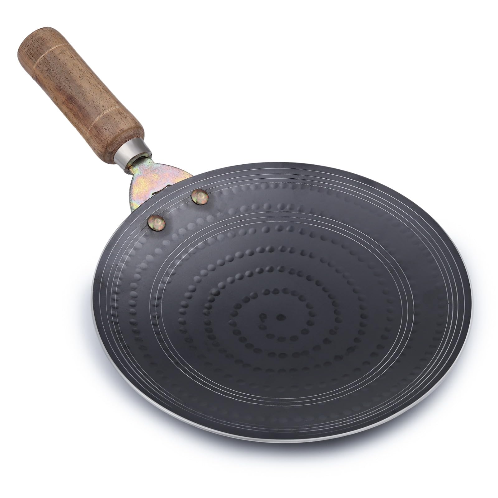 Pure Iron Tawa 9.5 Inch First in India with Smooth Edge Technology Wooden Handle Metal Spoon Friendly Hammered Loha Tava Ideal for Roti Chapati (1200 gm)