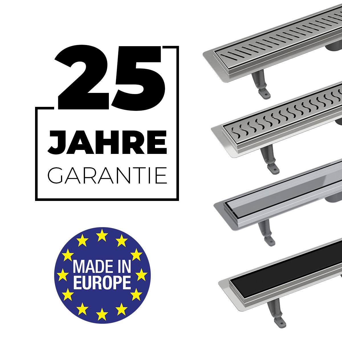 Duschrinne Edelstahl Komplettset mit dem Rost Quadro Haarsieb Rinne mit Siphon Montagefüße Inklusive mit Dichtmanschette Doppelkammer Bodenablauf Länge 70 cm