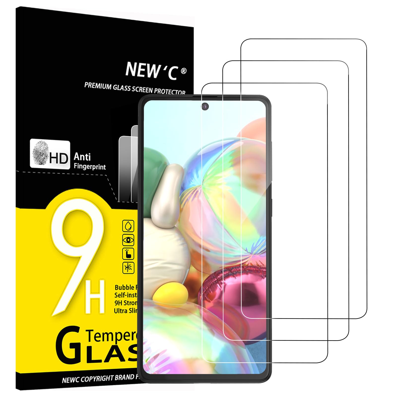 NEW'C 3枚 ガラスフィルム Samsung Galaxy A71, Note 10 Lite に対応 強化ガラス液晶保護フィルム 浮きなし、超耐久9H硬度、気泡なし