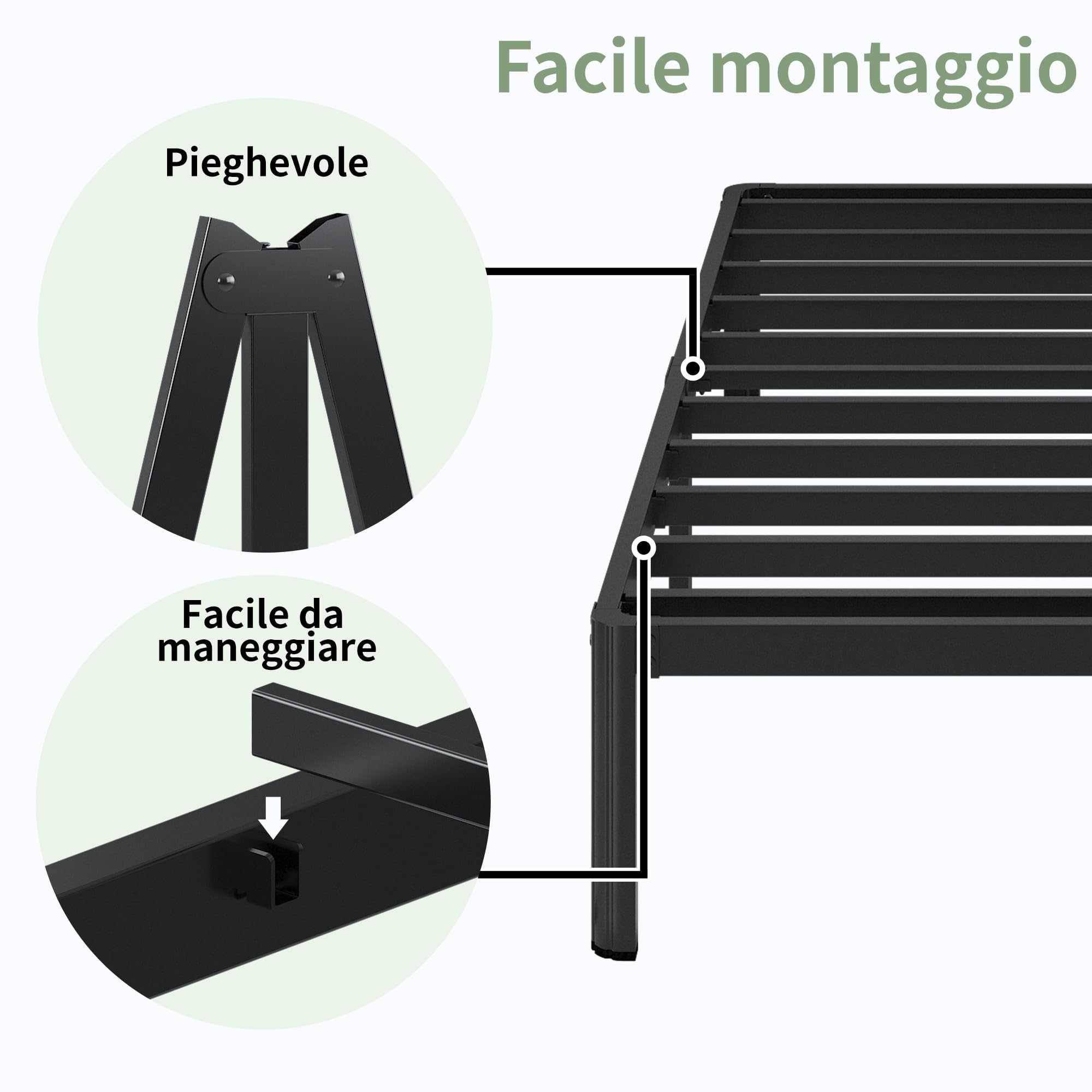 Lutown-Teen Struttura Letto Singolo 90x200 cm ad Angolo Curvo，Giroletto Singolo Alta 41 cm in ferro, Spazio di Archiviazione Extra, Montaggio Facile, Silenzioso, Nero