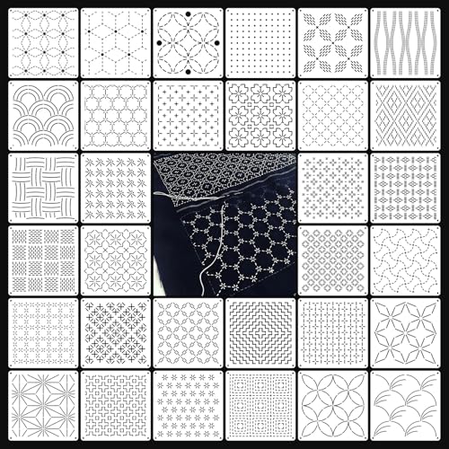 32 PCS Sashiko Stencil Kit, 5.1 x 5.1 Inch Plastic Geometric Sashiko Pattern Template Drawing Line Embroidery Pattern for Sewing Hand Quilting and Embroidery