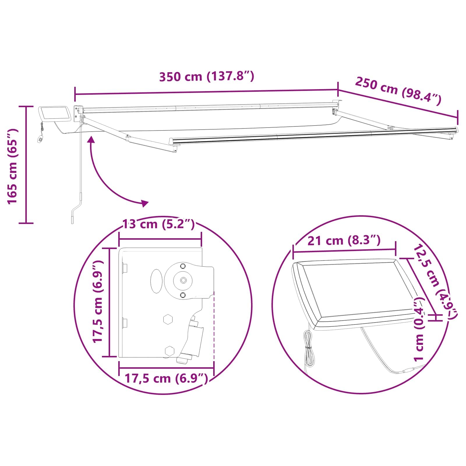 Cadre de Store banne rétractable électrique Anthracite 3,5 x 2,5 m en Aluminium avec LED Solaire pour terrasse Jardin Patio Ombre et Protection Contre Soleil Pluie Vent
