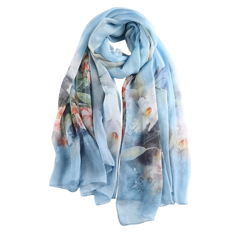 STORY OF SHANGHAI Sciarpa di 100% Seta da Donna Foulard Chiffon con Fantasie Orientale Semi-Trasparente