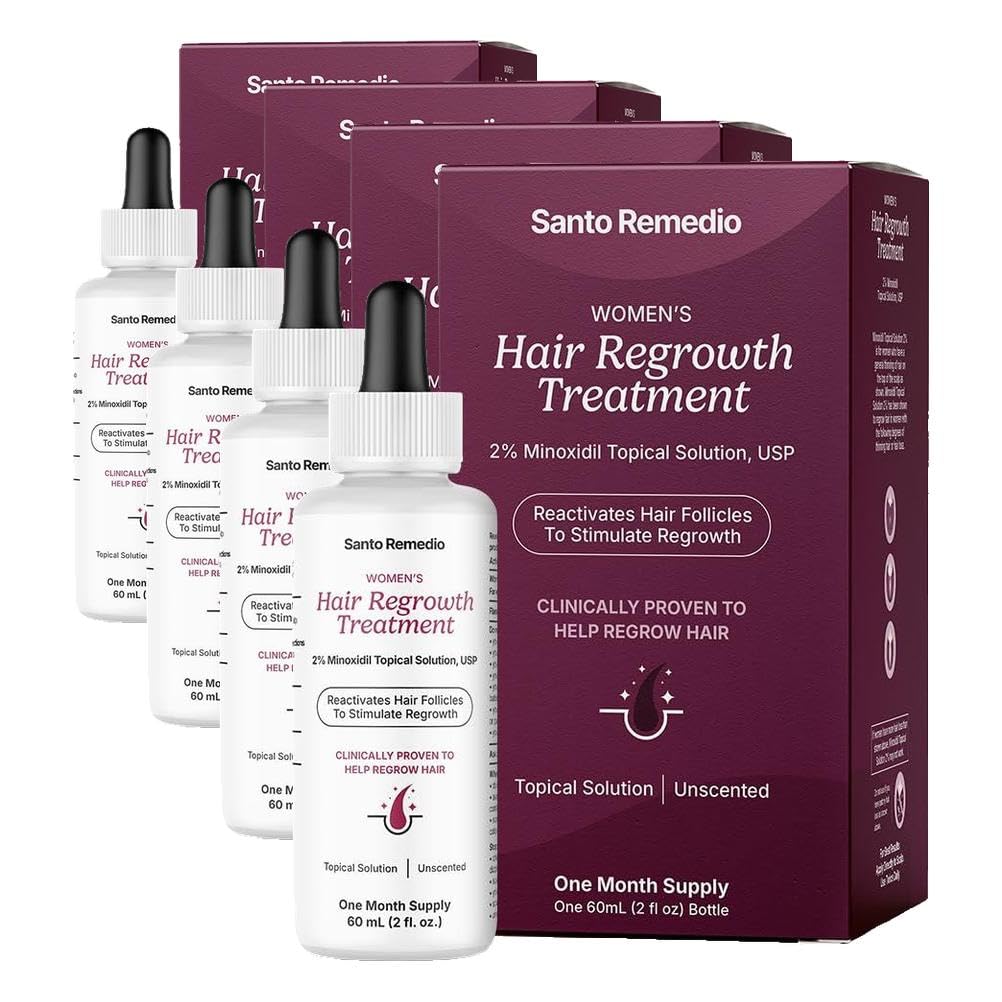 Santo Remedio Women’s Hair Regrowth Treatment, Helps Stimulate Hair Growth and Reduce Hair Loss, Contains 2% Minoxidil, Clinically Proven Ingredient, Fragrance Free (1-Month Supply) (Pack of 4)