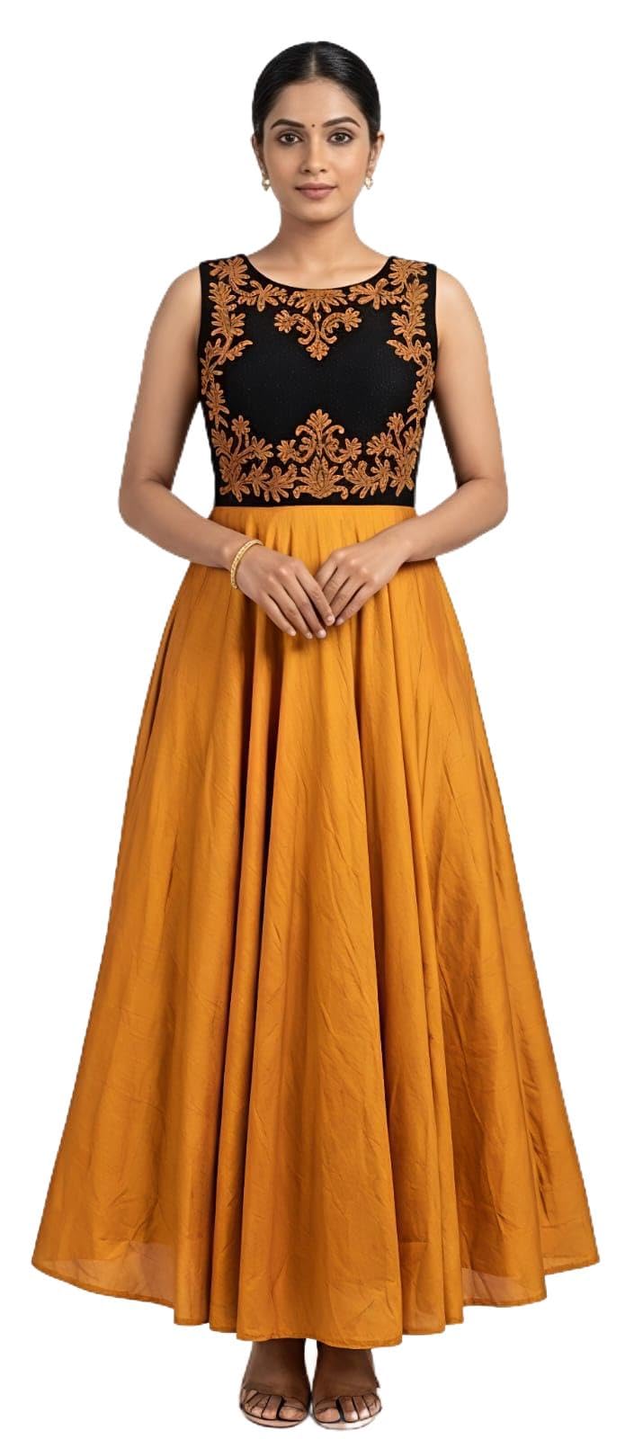 Women's Embroidered Anarkali Dress, Black and Mustard Yellow, Sleeveless, Floral Embroidery, Ethnic-picture-11