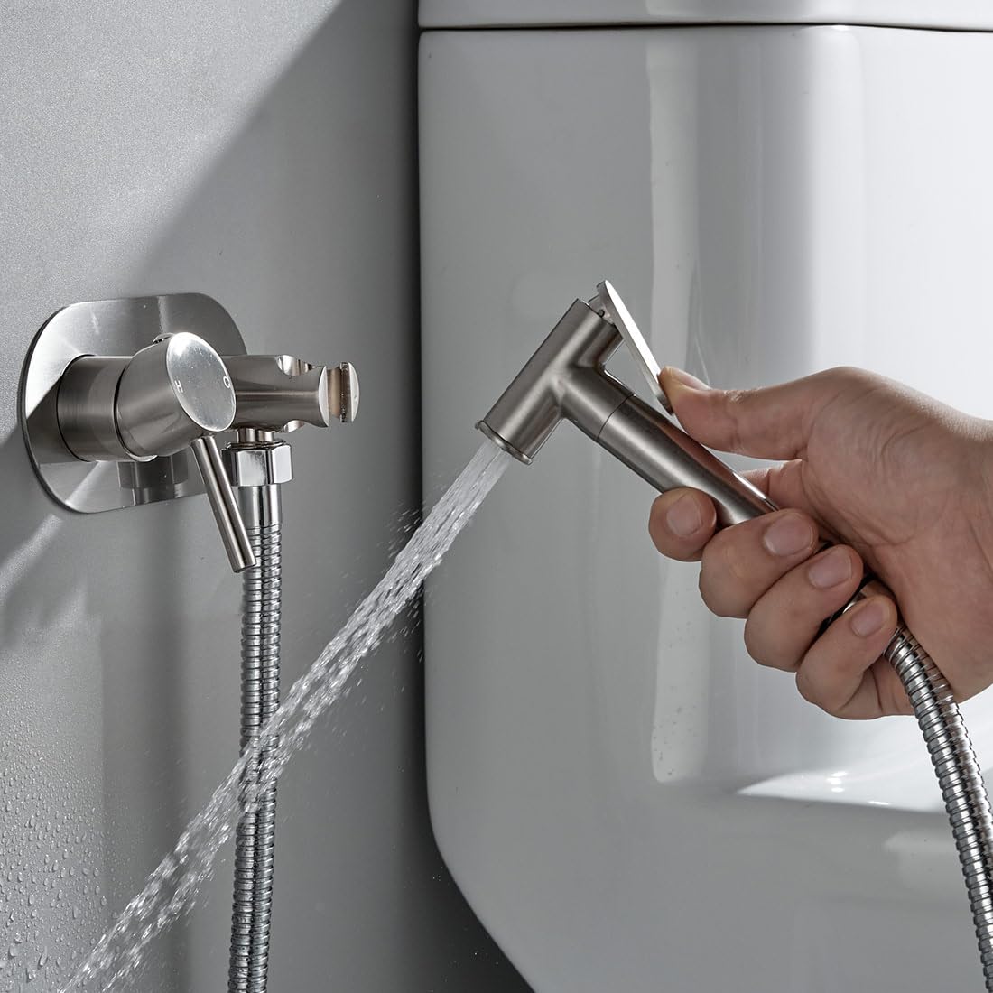 NewEast Hot and Cold Brass Bidet Sprayer Kit Concealed Wall Mount Toilet Douche Muslim Bidet Shattaf Shower Kit Set Brushed Nickel - Image 3