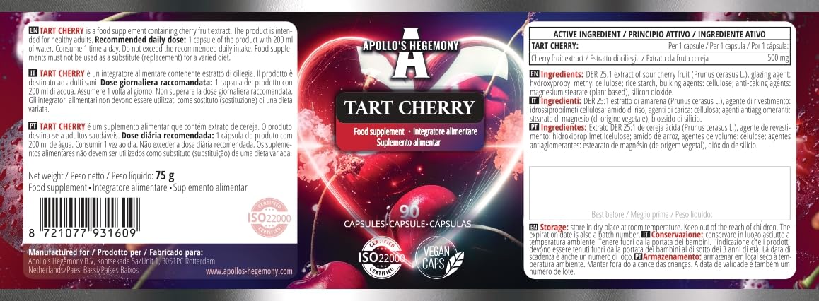 Tart Cherry 500 mg par gélule - Extrait concentré 25:1-90 gélules végétaliennes pour un bien-être amélioré - par Apollo's Hegemony