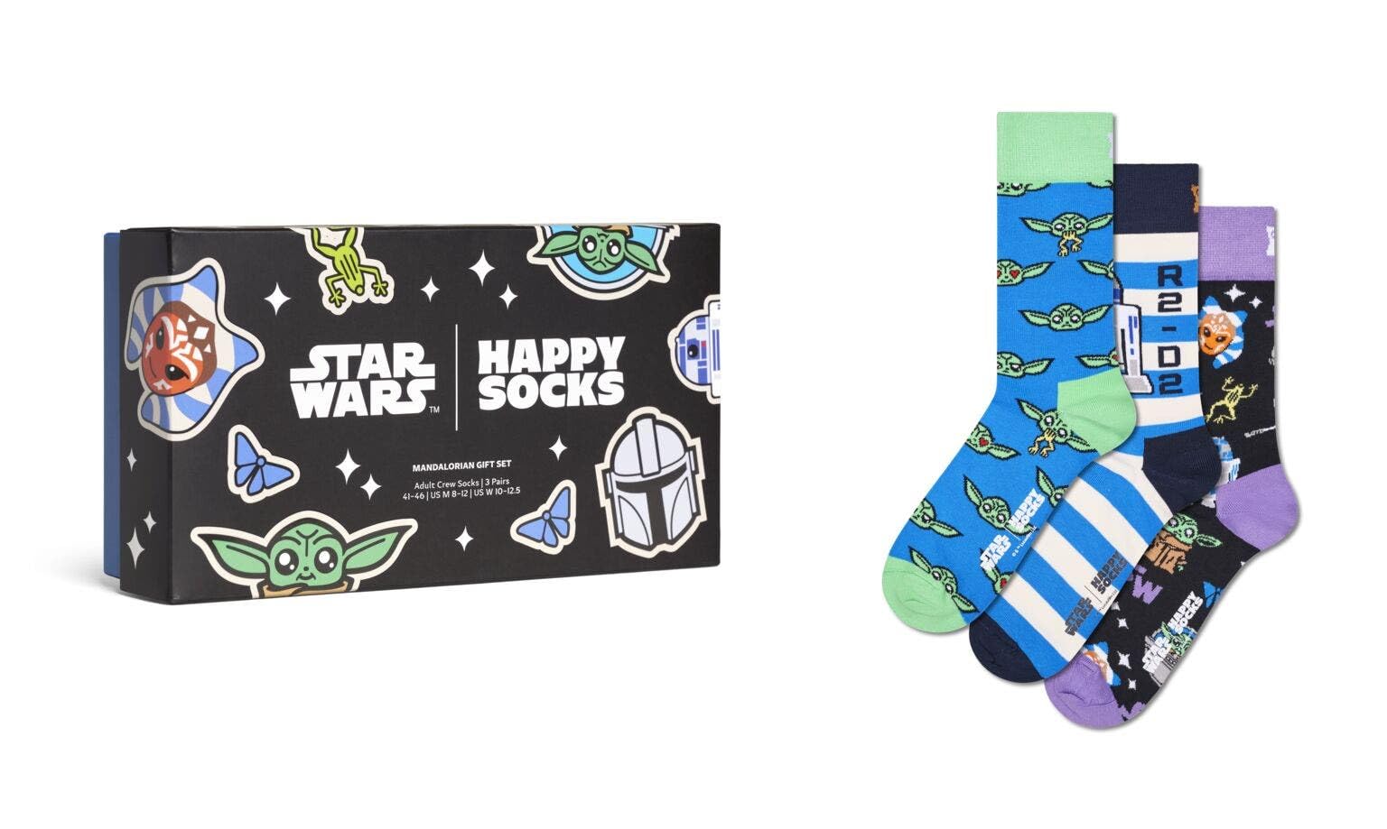 Happy Socks Star Wars Socken und Geschenkboxen mit Ahsoka, Grogu, Mandalorianer, Darth Vader, Yoda und mehr, 36-40 & 41-46