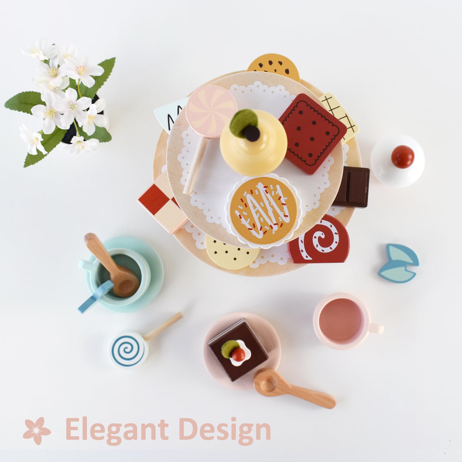 Juego de fiesta de té, juego de soporte de postre, juguetes de madera, juego de comida, accesorios de cocina para niños pequeños, regalo de cumpleaños 2