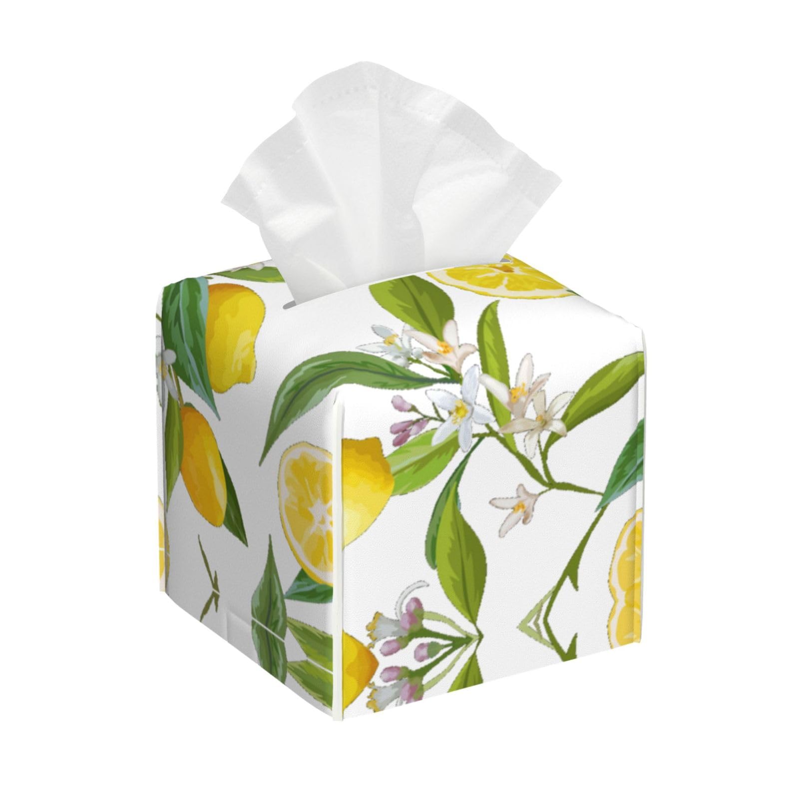 Yellow Lemon Print Square Tissue Box Cover Pu Leather Tissue Holder Facial Paper Cover Waterproof Toilet Paper Holder For Bathroom Bedroom