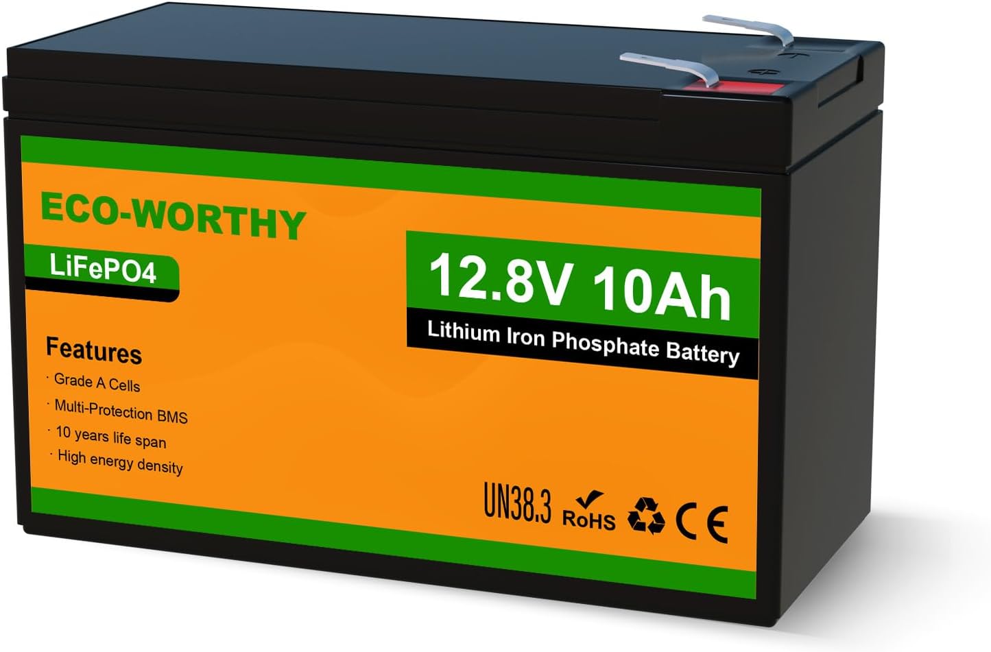 ECO-WORTHY 12V 10Ah Lithium LiFePO4 Deep Cycle Battery with 3000+ Cycles, Built-in BMS, Perfect for Fishfinder, Lighting, Back Up Power