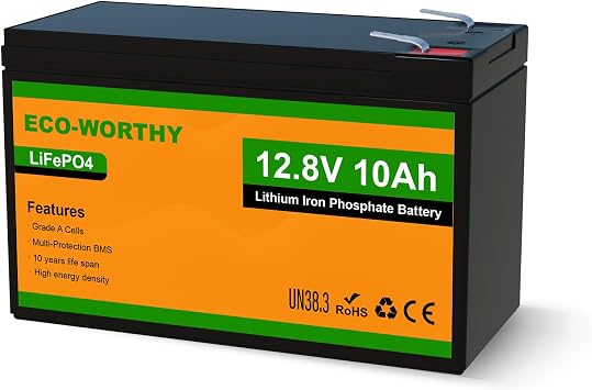 ECO-WORTHY 12V 10Ah Lithium LiFePO4 Deep Cycle Battery with 3000+ Cycles, Built-in BMS, Perfect for Fishfinder, Lighting, Back Up Power