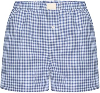 Obenie Women Gingham Boxer Shorts Cute Stripes Plaid Button Elastic Waist Lounge Boxers Y2k Low Rise Lounge Shorts