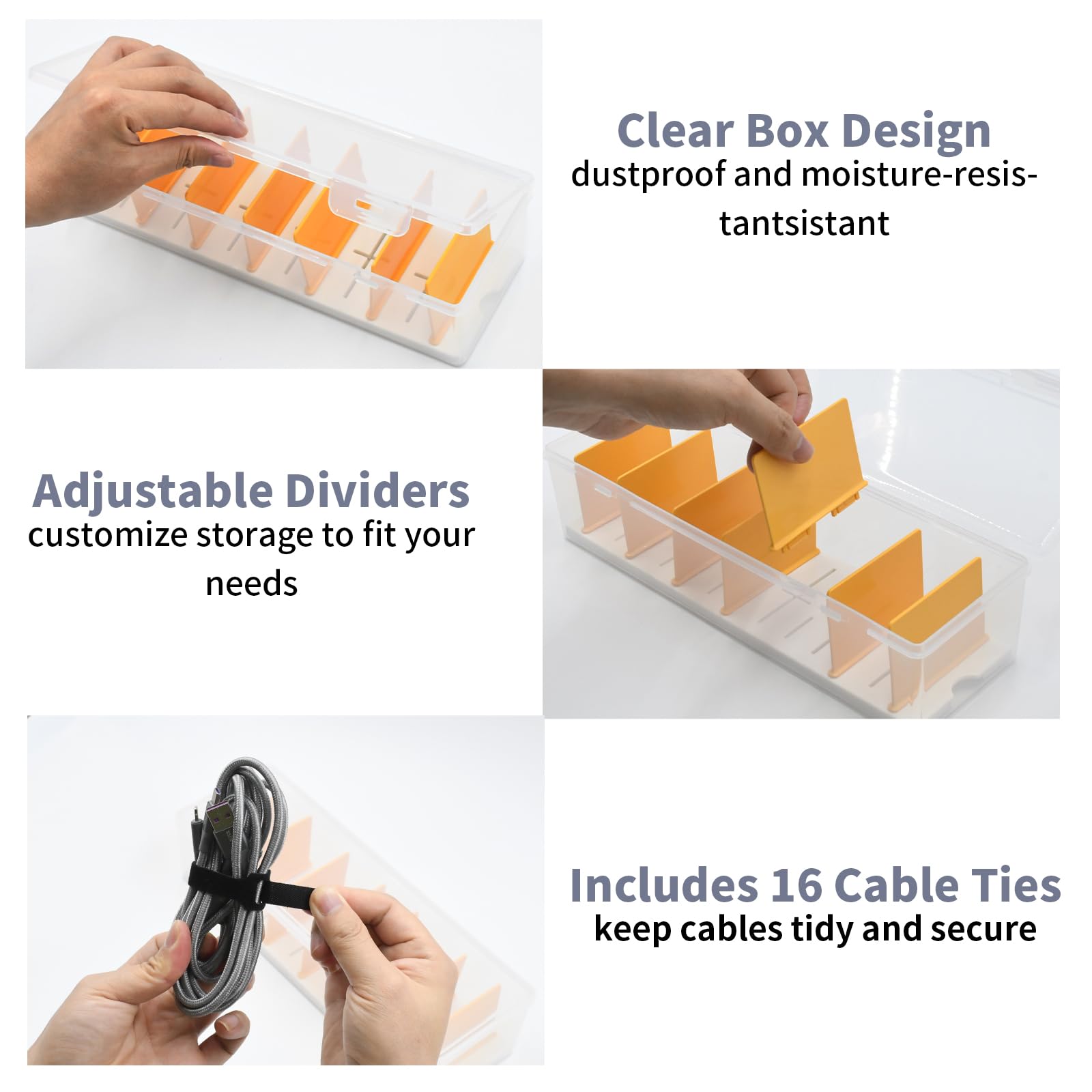 2 Pièces Boîte Rangement Câble avec 16 Attaches, Boîte Câble Transparente avec 7 Séparateurs – Organisateur de Câble pour Bureau, Maison, Boîte à Câble pour Chargeurs et Accessoires