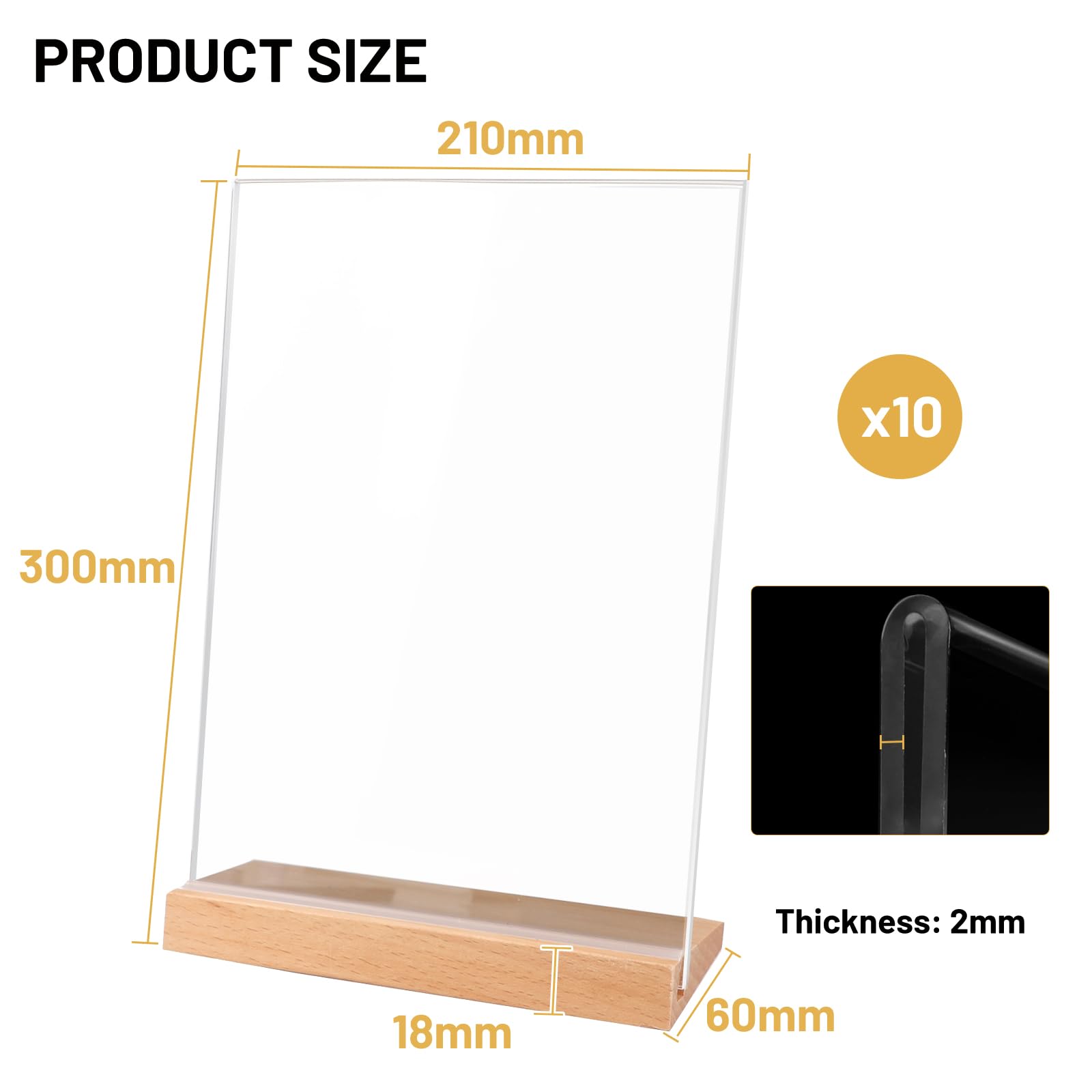 SWAWIS Lot de 4 Présentoir de Table A4 Acrylique avec Base en Bois, Porte Affiche Porte Menu Pour Cafés Restaurants Hôtel