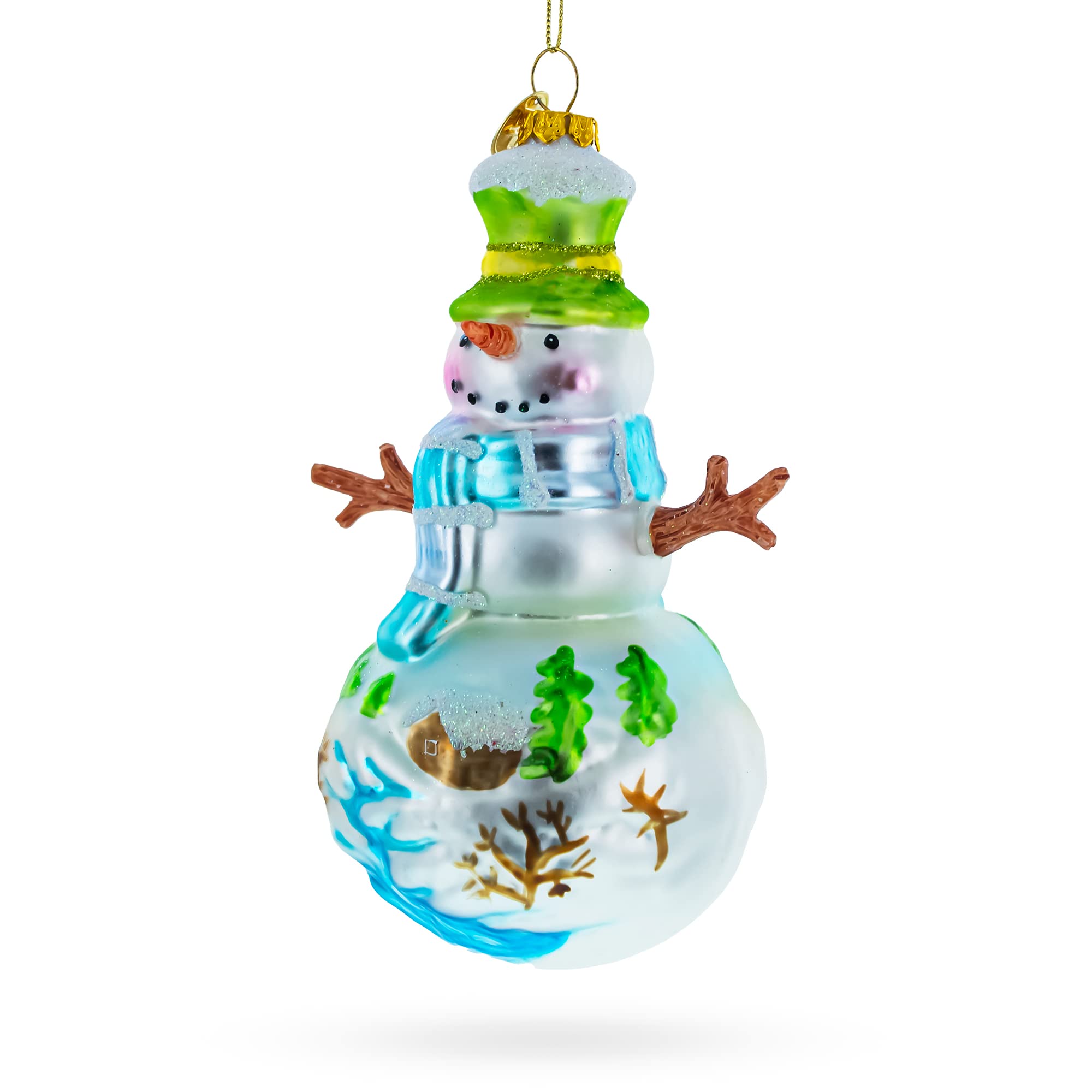 Muñeco de nieve encantador con pintura de pueblo de invierno - Adorno de cristal soplado de Navidad