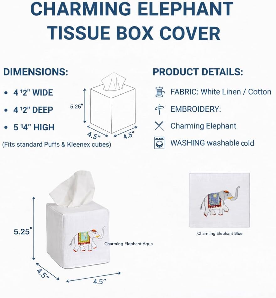 Jacaranda Living Square Tissue Box Cover, Linen/Cotton Tissue Holder, Decorative Cloth Tissue Cover, Fits Standard Square Tissue Boxes, Embroidered Animal Designs, Charming Elephant (Aqua)