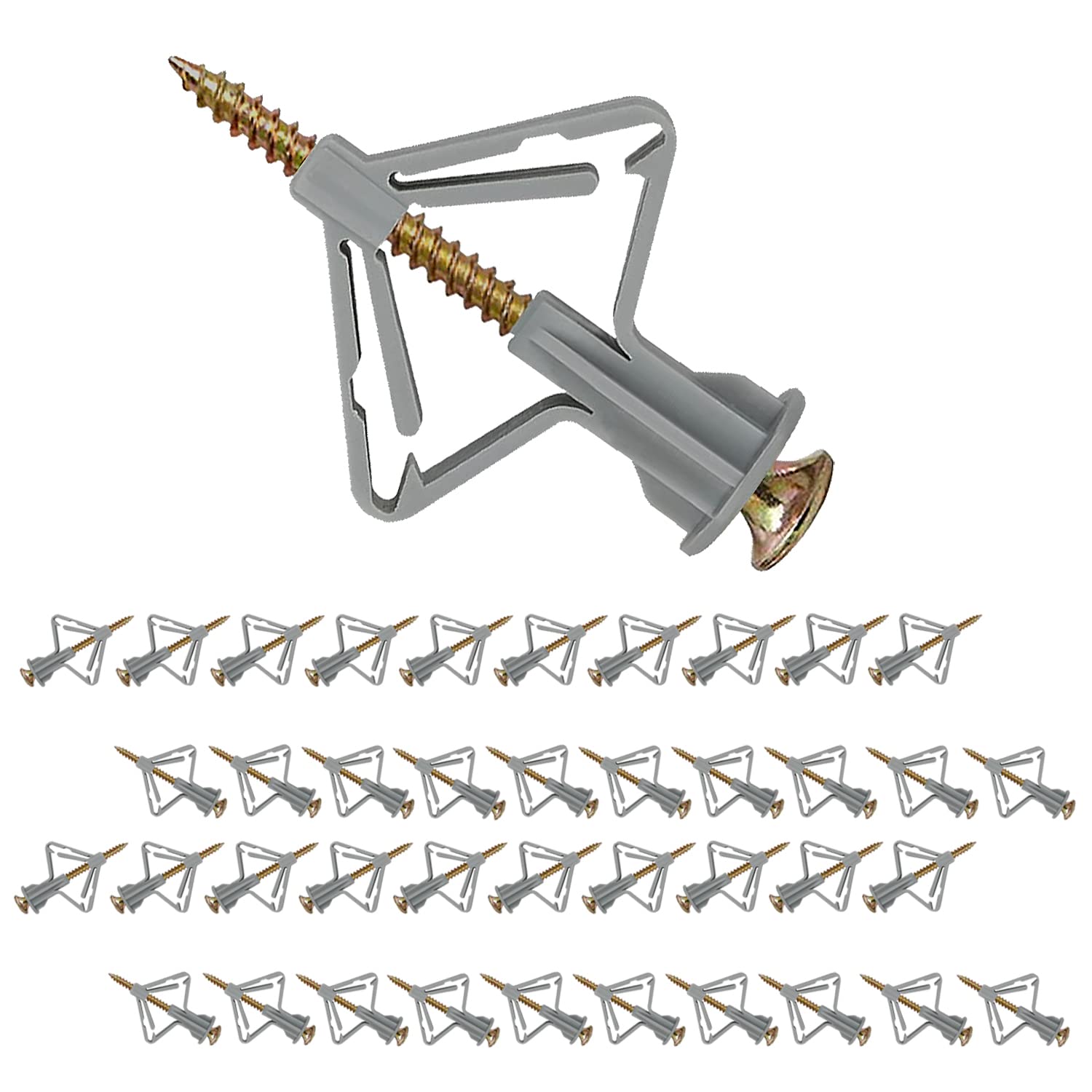 Plasterboard Fixings 40 Sets (80pcs),Drywall Screws and Rawl Plugs, Heavy Duty Anti-Rotational Expansion Tube Assortment Hollow Anchors Kit,Wall Plugs for Plasterboard, Cavity Wall, Fibreboard (Grey)