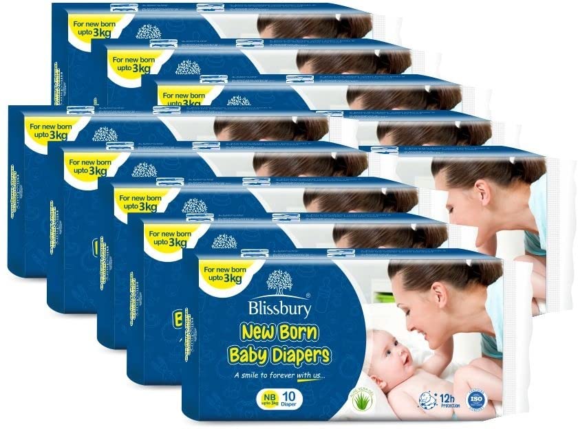 Blissbury Newborn Baby Diapers - Soft Premium Tape Style - (5 Packs x 10 Diapers), Up to 3 KG