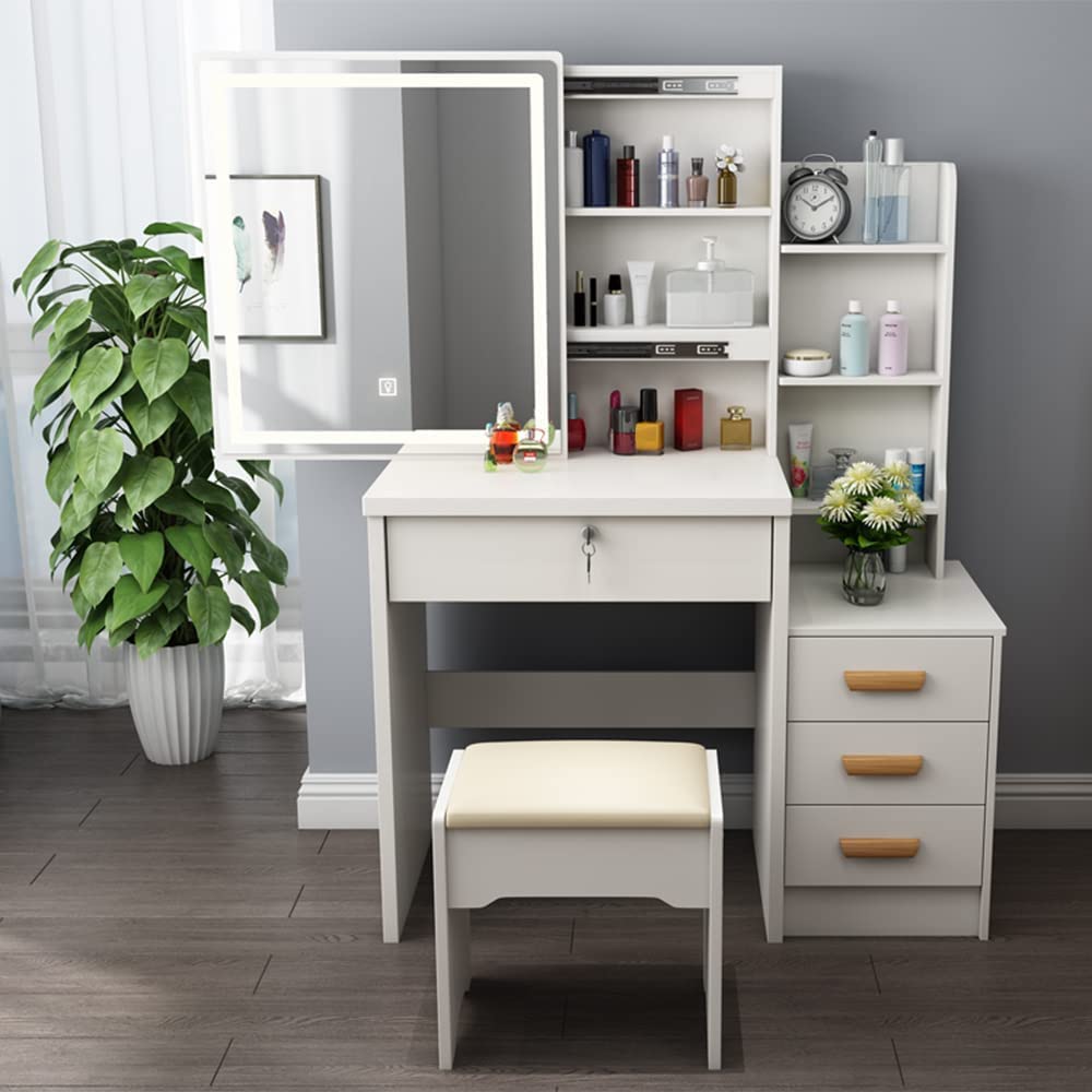 White Vanity Desk with Mirror and Lights – Makeup Vanity with Lights and Drawers. Girls Vanity Mirror with Lights Desk and Chair with drawers – Vanity Set and Bedroom Vanity Table Makeup Desk Vanities