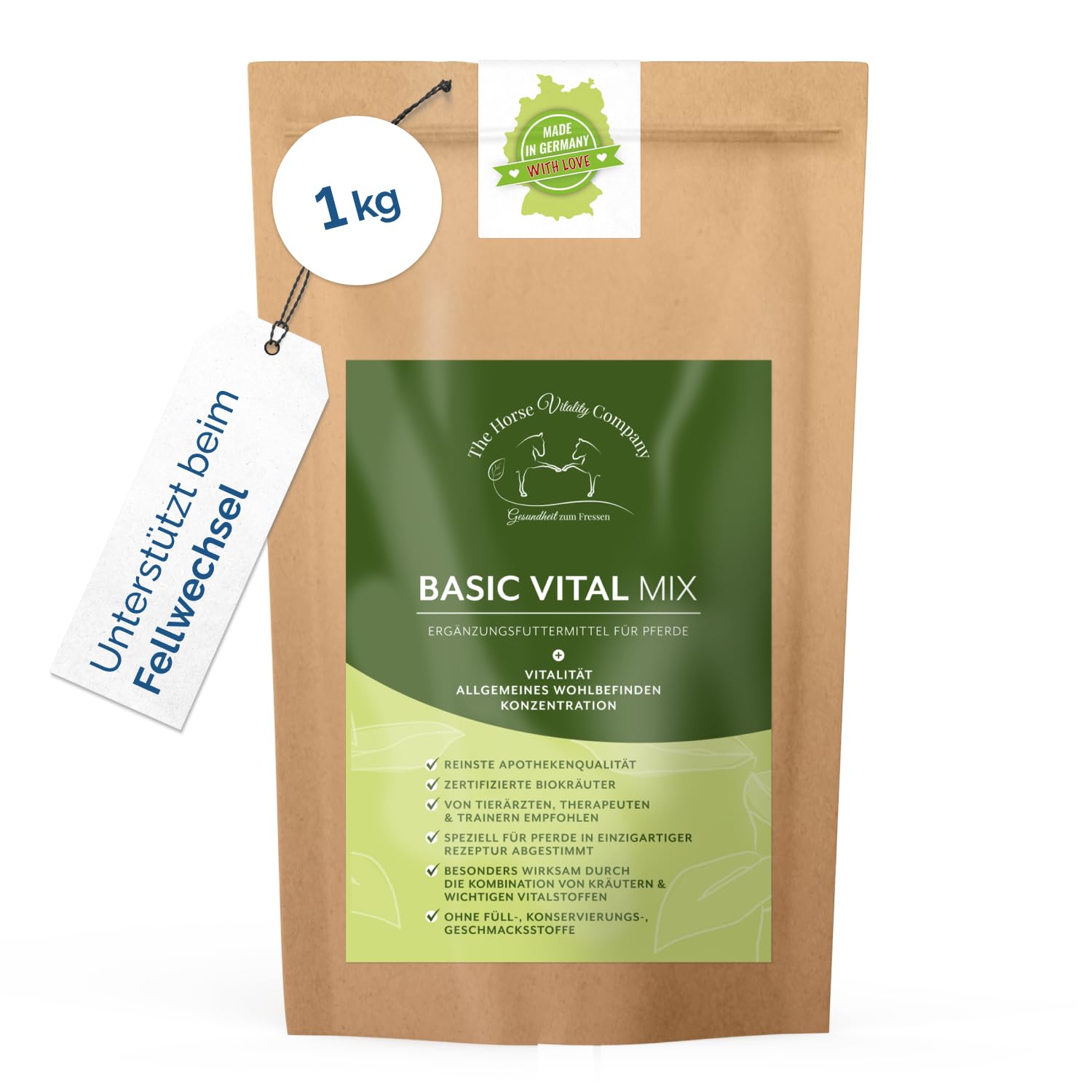 The Horse Vitality Company Basic Vital Mix 1kg Pulver | Ergänzungsfuttermittel für Pferde mit Kräutern & Magnesium | Für Vitalität, Konzentration & Verdauung | 100% natürlich | Made in Germany