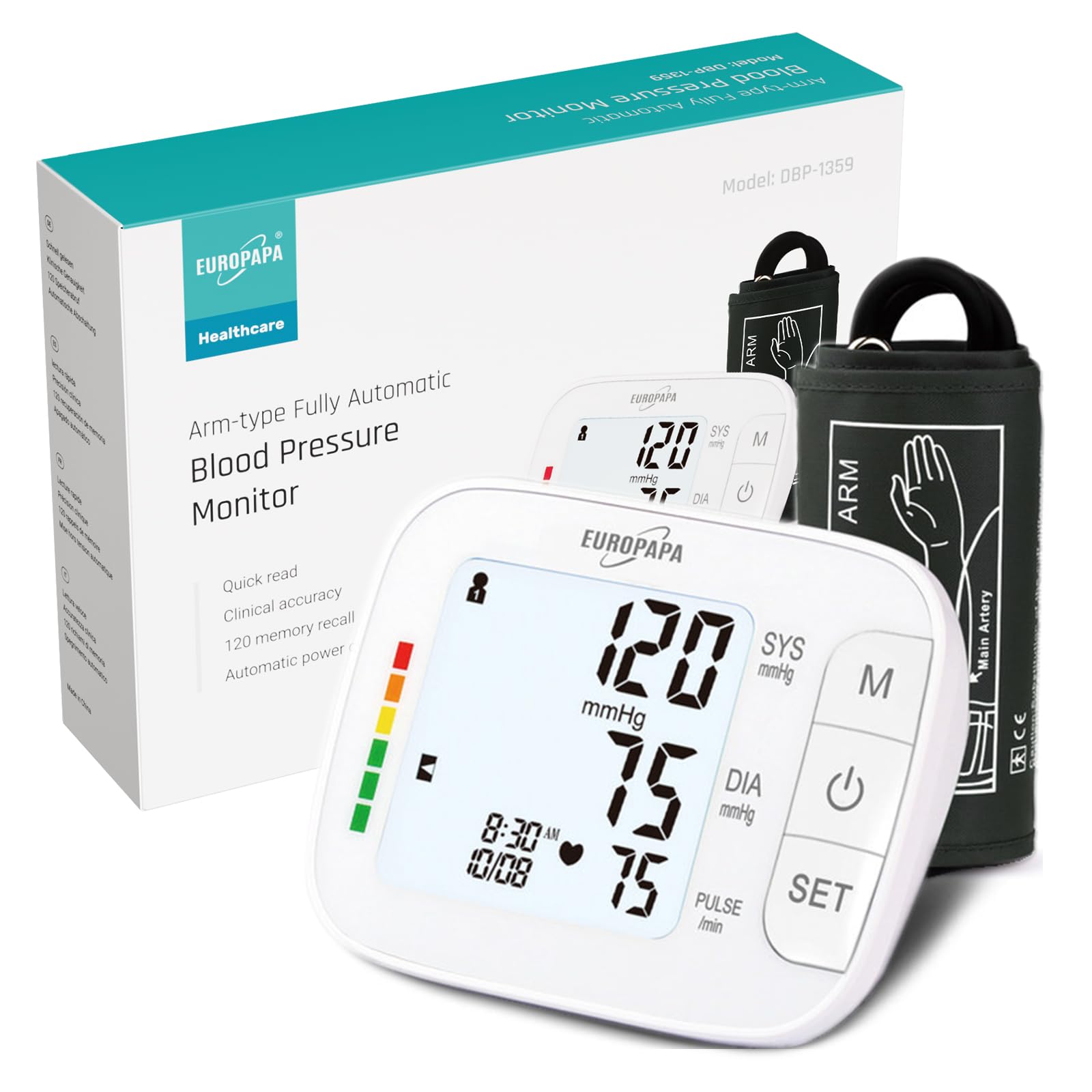 EUROPAPA Tensiometro De Brazo Para Uso Doméstico, Medición De Pulso, Medición De Presión Arterial Con Manguito Grande (22-42 Cm), 2 X 60 Memorias, Doble Usuario (Blanco)