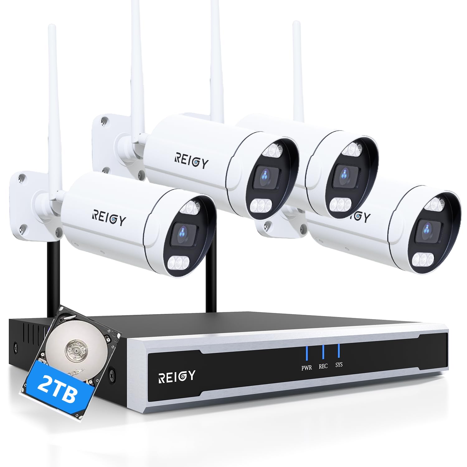 REIGY 8MP Kit Camara de Vigilancia WiFi Exterior con 2TB HDD, 4K Sistema de Seguridad 4X 2160P CAM y 16CH NVR, Visión Nocturna Audio Bidireccional Detección Movimiento IP66 Impermeable