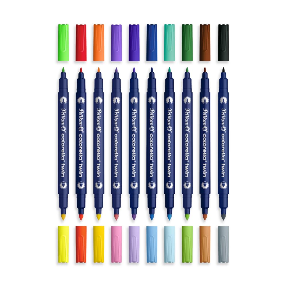 Pelikan Colorella Twin Fibre-Tip Pens, Pack of 10 Double-Colour Pens with Dual Tips, 20 Colours, Washable Water-Based Ink