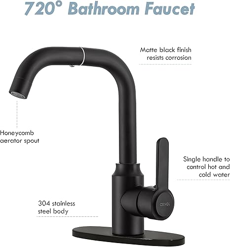 Miniatura 5 de Grifo de baño para fregadero de 3 agujeros, grifo de lavabo de baño de 4 pulgadas, gira 1 agujero grifo de baño negro con cubierta
