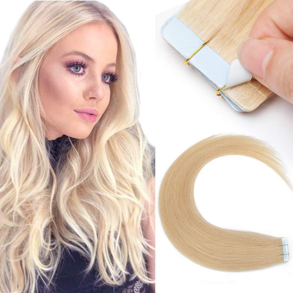 Silk-co Tape in Hair Extension Real Straight Human Hair 10pcs 100% Remy Straight Skin Weft Hair Extension (24inch 10Pcs #24 Natural Blonde)