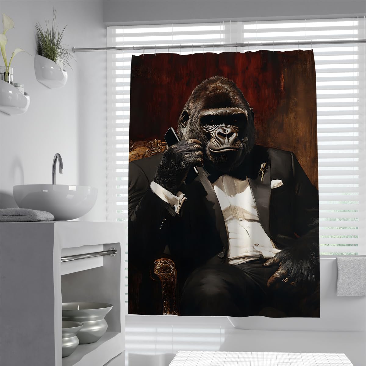 UIRINGART Gentleman Ape Bath Curtains W120xL200cm Machine Washable Mold Resistant Retro Gorilla Phone Tuxedo Suit Fabric Bathroom Screen With Hooks Tub Liners Gym