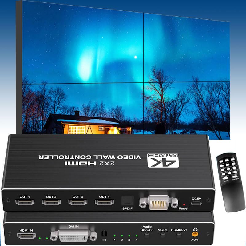 2x2 4k Video Wall Controller Transform 4 TV Screens into a Single Wall Display with HDMI & DVI 4K Input 180 Rotation Audio Output IR Remote/RS232/Button Press Control