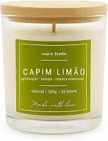 cuore Studio, Vela Aromática Capim Limão, Natural, 180g, 36 Horas de Duração, Vidro com Tampa de Madeira