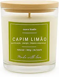 cuore Studio, Vela Aromática Capim Limão, Natural, 180g, 36 Horas de Duração, Vidro com Tampa de Madeira