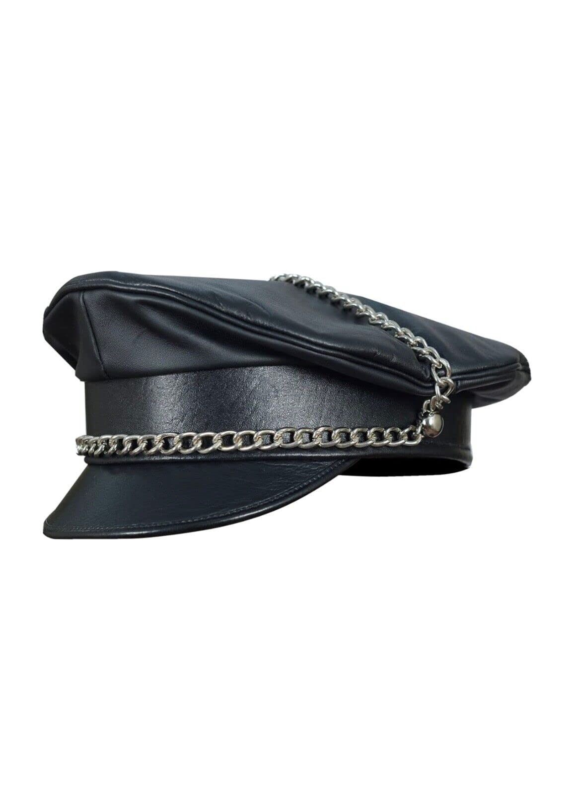 Unisex Black Genuine Full Leather Army Muir Biker Peaked Police Bluf Cap With Chain (Large)