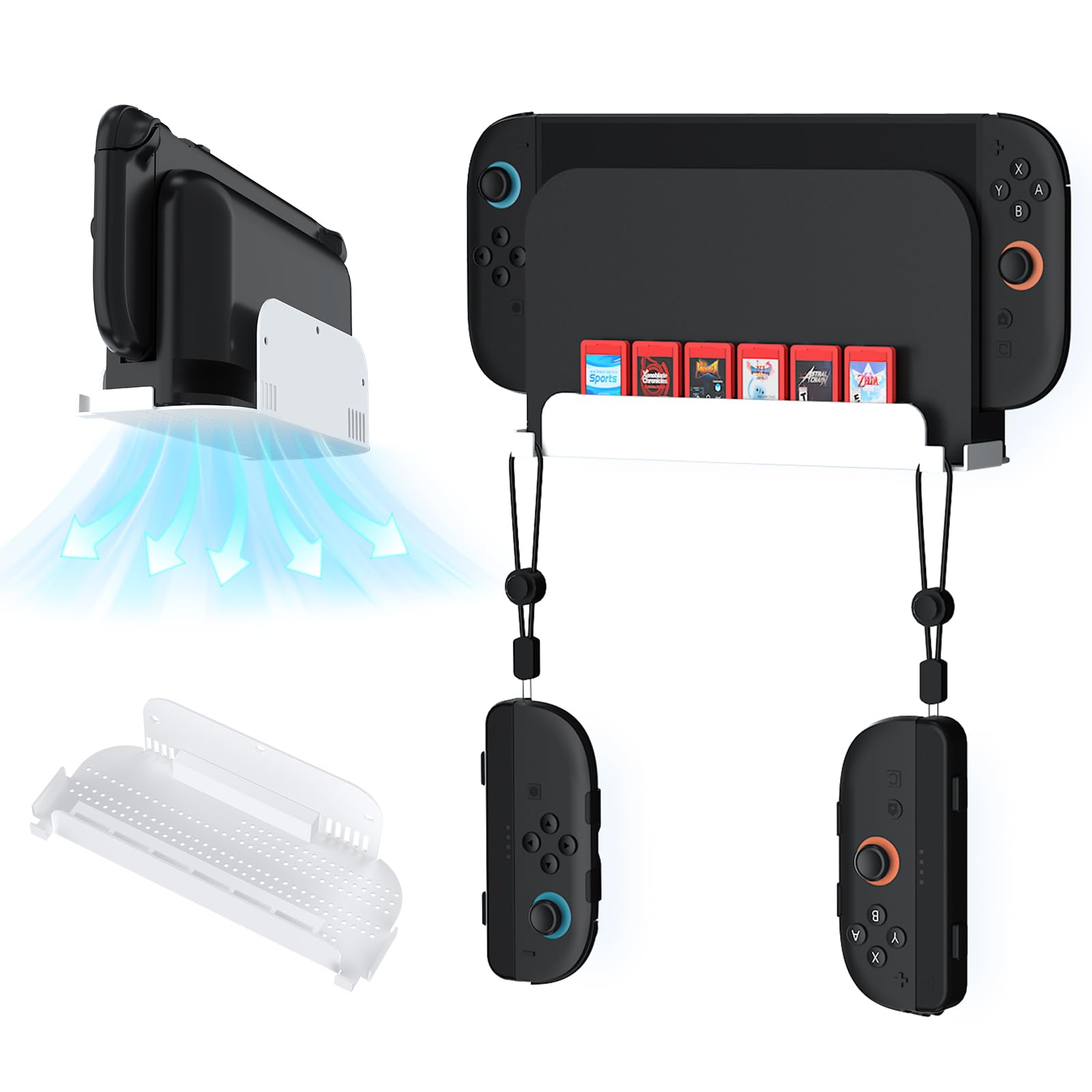 JDDWIN Wall Mount Stand for Switch 2 (2025)/ Switch OLED, Metal Gaming Shelf Accessories for Wall with Joy-Con 2 Hanging Hook and 6 Game Storage Holder Safety Store Controller Holder (White)