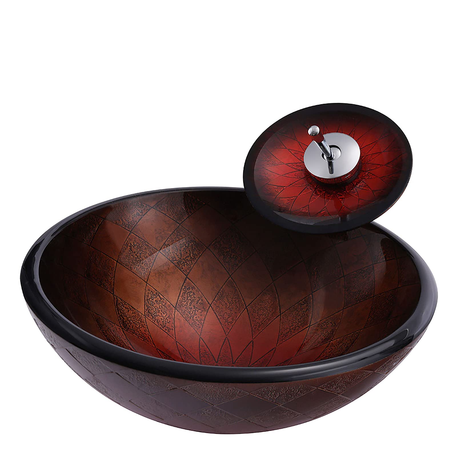 WOTZOV Bathroom Round Tempered Glass Vessel Sink Maroon Artistic Vessel Bowl Sink Countertop Vanity Vessel Sink With Waterfall Faucet And Pop Up Drain Combo,