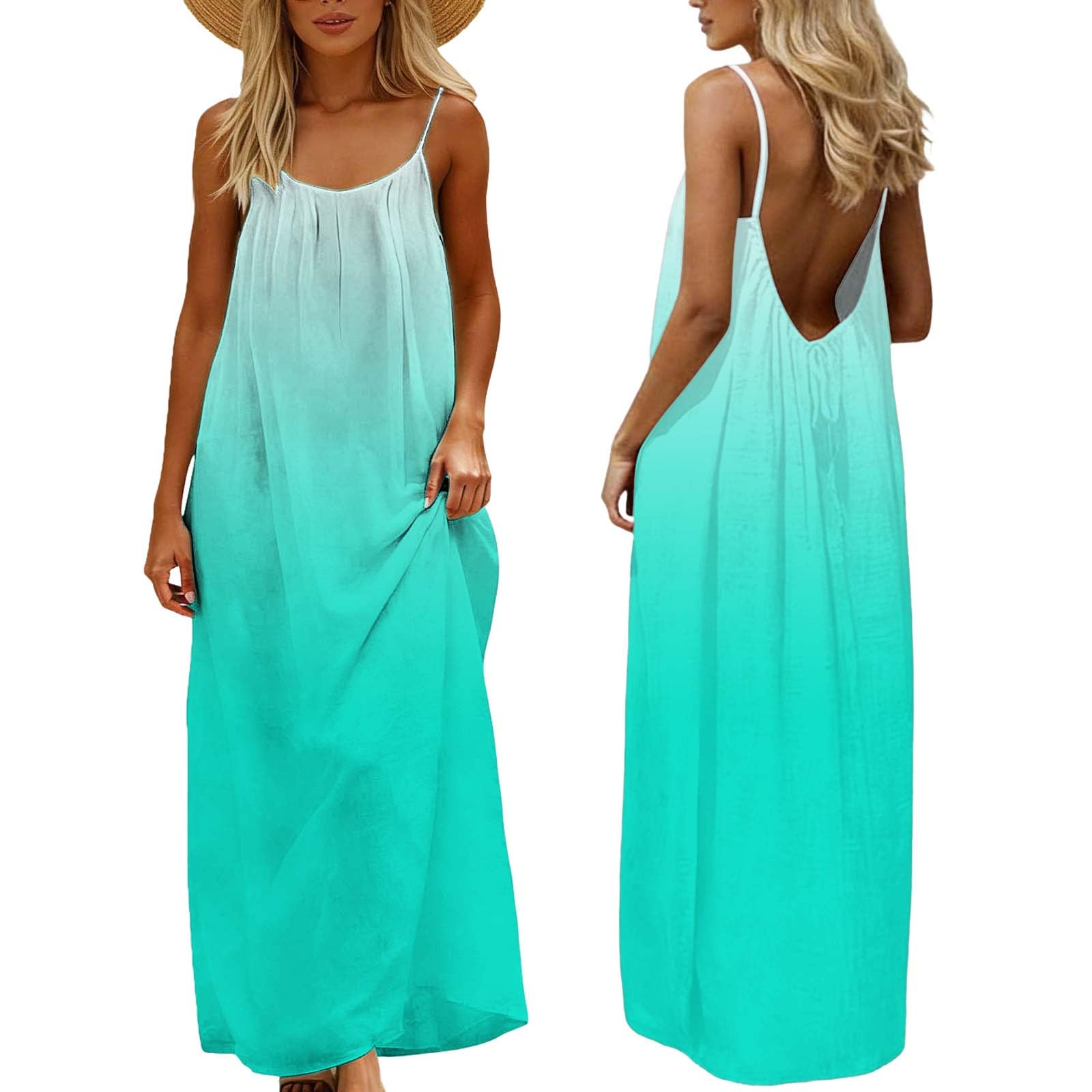 Backless Cami Dresses for Women UK Linen Beach Coverups Maxi Dress Summer Holiday Coord Outfit Tartan Print Sarongs Plus Size Beachwear Clothes Spaghetti Straps Vest Mint Green 2 XL