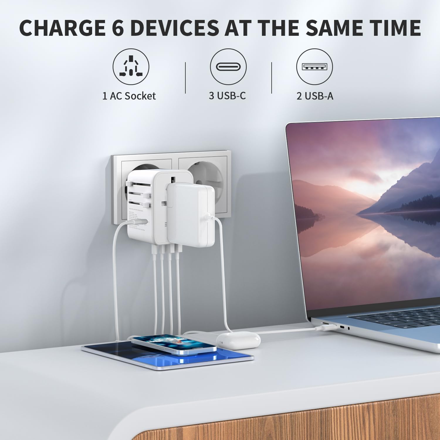 EPICKA Adapter Podróżny Uniwersalny, GaN Uniwersalna Wtyczka Podróżna 70W PD Szybka Ładowarka, Adapter Podróżny z 3 USB-C, 2 USB-A, Międzynarodowy Adapter Gniazdkowy do DE USA UK Japonia Tajlandia