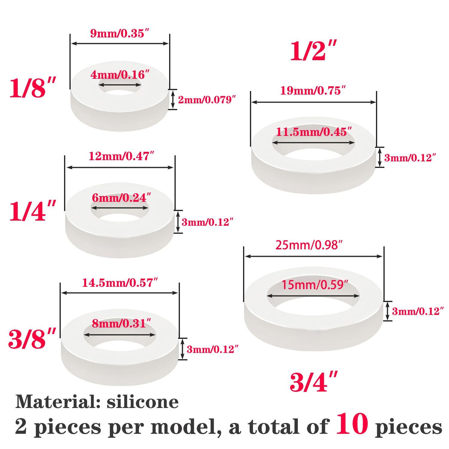 Qrity 10 Piezas 5 Tamaño Silicona Junta Plana, Junta de Manguera, Arandelas de Sellado O Ring para Grifos de Agua, Mangueras, Divisores, Válvulas
